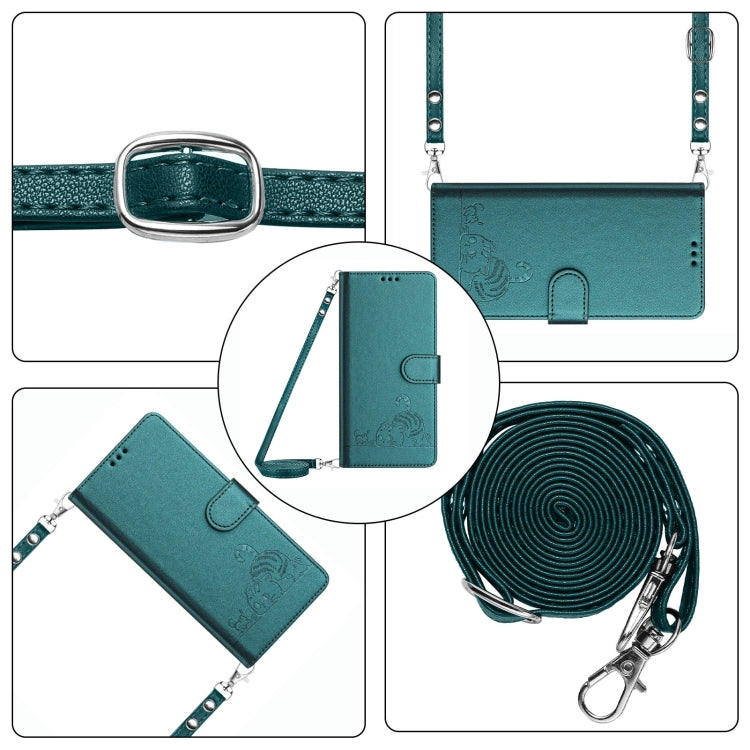 For Motorola Moto G Play 5G 2024 Global Cat Rat Embossed Pattern RFID Leather Phone Case with Lanyard(Peacock Green) - Motorola Cases by PMC Jewellery | Online Shopping South Africa | PMC Jewellery | Buy Now Pay Later Mobicred