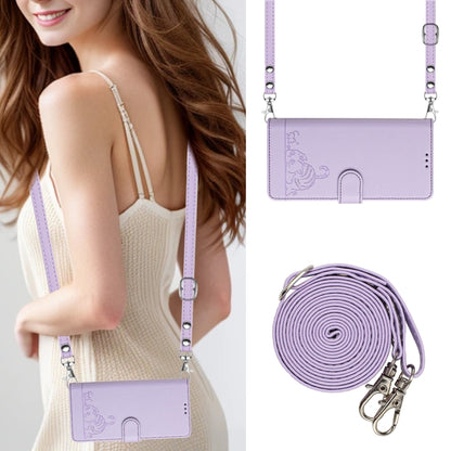 For Motorola Moto G Play 5G 2024 Global Cat Rat Embossed Pattern RFID Leather Phone Case with Lanyard(Purple) - Motorola Cases by PMC Jewellery | Online Shopping South Africa | PMC Jewellery | Buy Now Pay Later Mobicred