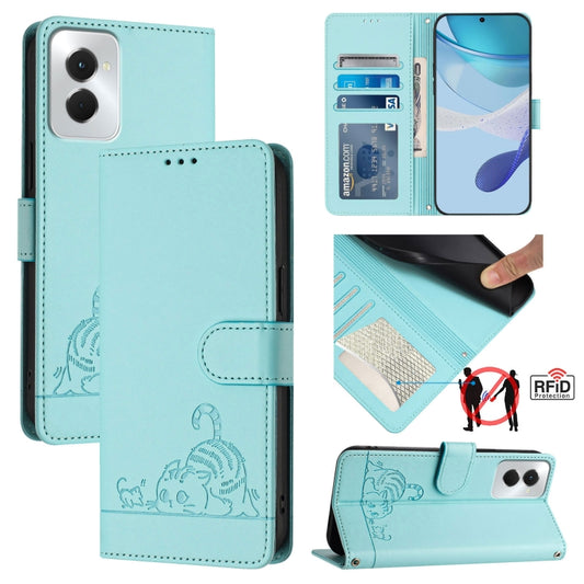 For Motorola Moto G Power 5G 2024 Cat Rat Embossed Pattern RFID Leather Phone Case with Lanyard(Mint Green) - Motorola Cases by PMC Jewellery | Online Shopping South Africa | PMC Jewellery | Buy Now Pay Later Mobicred