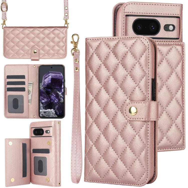 For Google Pixel 8 Crossbody Multifunction Rhombic Leather Phone Case(Rose Gold) - Google Cases by PMC TechLife | Online Shopping South Africa | PMC TechLife | Buy Now Pay Later Mobicred