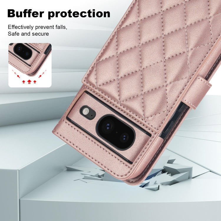 For Google Pixel 8 Crossbody Multifunction Rhombic Leather Phone Case(Rose Gold) - Google Cases by PMC TechLife | Online Shopping South Africa | PMC TechLife | Buy Now Pay Later Mobicred