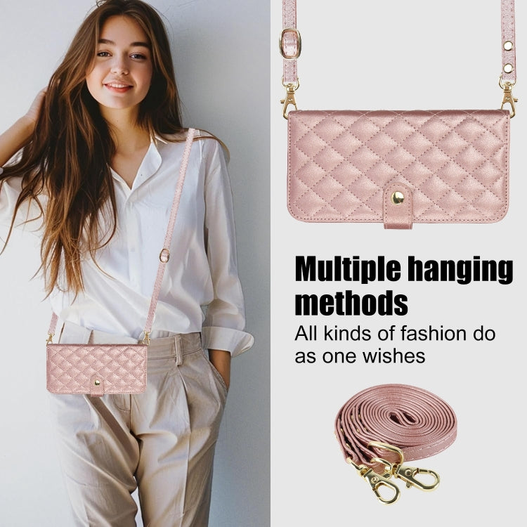 For Google Pixel 8 Crossbody Multifunction Rhombic Leather Phone Case(Rose Gold) - Google Cases by PMC TechLife | Online Shopping South Africa | PMC TechLife | Buy Now Pay Later Mobicred