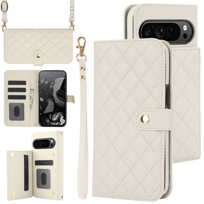 For Google Pixel 9 Crossbody Multifunction Rhombic Leather Phone Case(White) - Google Cases by PMC Jewellery | Online Shopping South Africa | PMC Jewellery | Buy Now Pay Later Mobicred