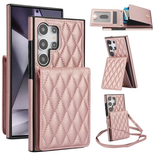 For Samsung Galaxy S24 Ultra 5G YM015 Crossbody Rhombic Card Bag RFID Phone Case(Rose Gold) - Galaxy S24 Ultra 5G Cases by PMC Jewellery | Online Shopping South Africa | PMC Jewellery | Buy Now Pay Later Mobicred