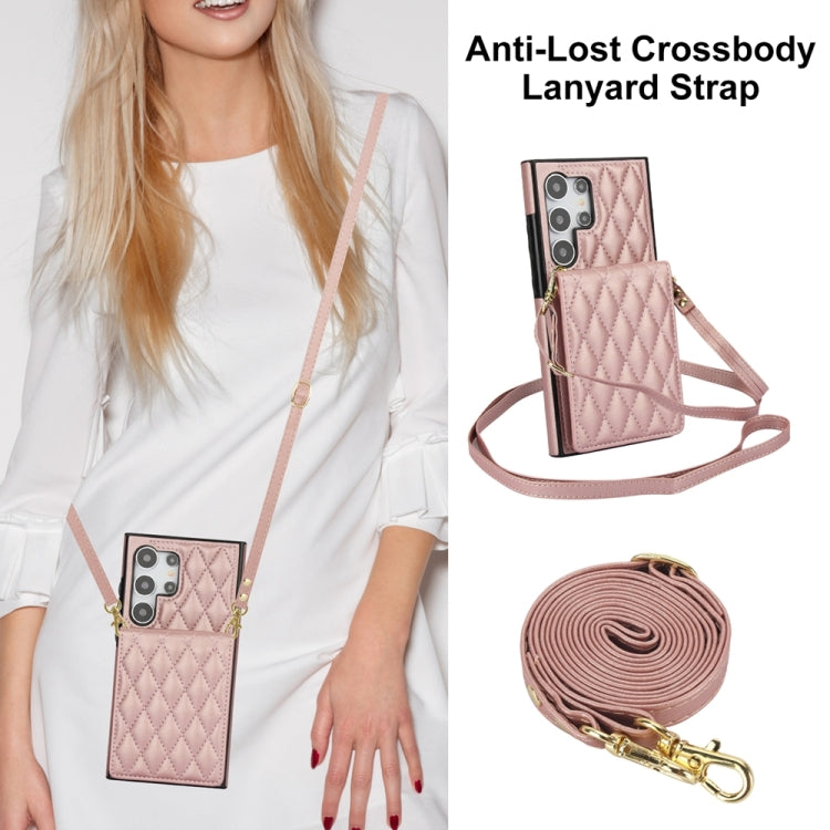 For Samsung Galaxy S24 Ultra 5G YM015 Crossbody Rhombic Card Bag RFID Phone Case(Rose Gold) - Galaxy S24 Ultra 5G Cases by PMC Jewellery | Online Shopping South Africa | PMC Jewellery | Buy Now Pay Later Mobicred