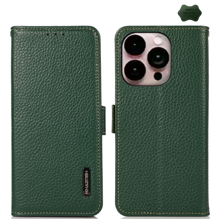 For iPhone 16 Pro Max KHAZNEH Side-Magnetic Litchi Genuine Leather RFID Case(Green) - free shipping - PMC TechLife - Order now!