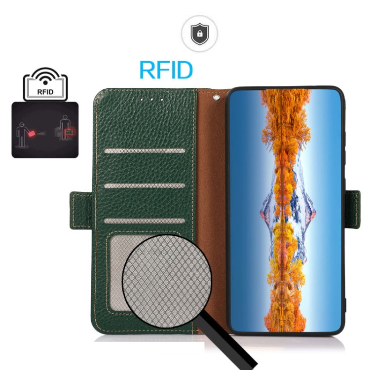 For iPhone 16 Pro Max KHAZNEH Side-Magnetic Litchi Genuine Leather RFID Case(Green) - free shipping - PMC TechLife - Order now!