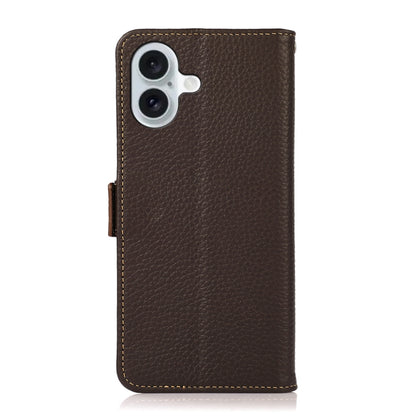 For iPhone 16 Plus KHAZNEH Side-Magnetic Litchi Genuine Leather RFID Case(Brown) - iPhone 16 Plus Cases by PMC Jewellery | Online Shopping South Africa | PMC Jewellery | Buy Now Pay Later Mobicred