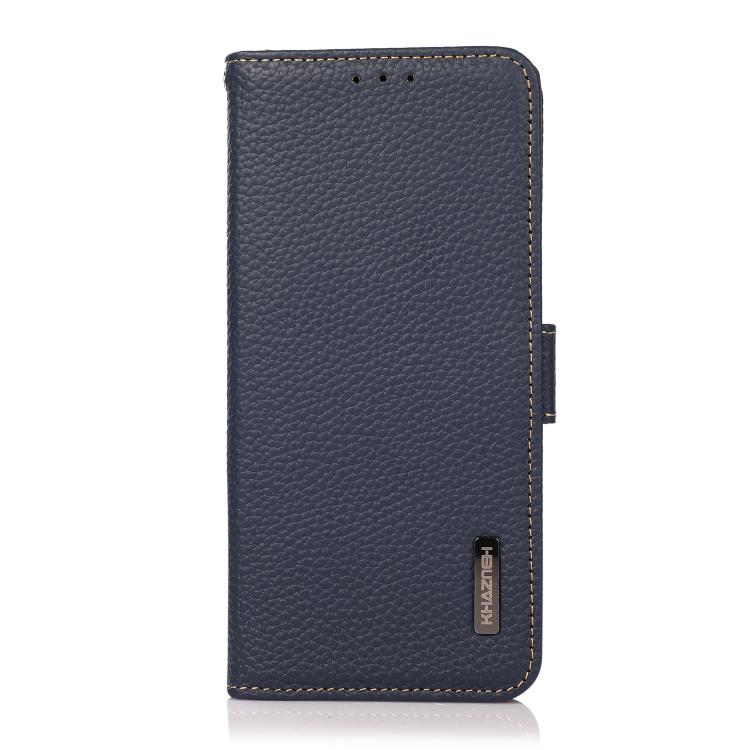 For iPhone 17 Pro Max KHAZNEH Side-Magnetic Litchi Genuine Leather RFID Case(Blue) - free shipping - PMc TechLife - Order now!