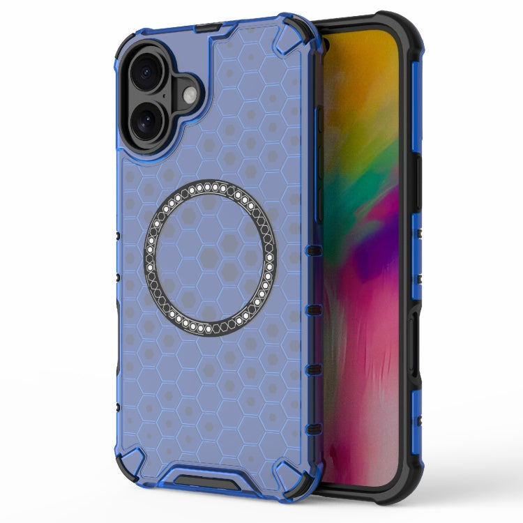 For iPhone 16 Plus Honeycomb Magnetic Ring Shockproof Phone Case(Blue) - iPhone 16 Plus Cases by PMC TechLife | Online Shopping South Africa | PMC TechLife | Buy Now Pay Later Mobicred