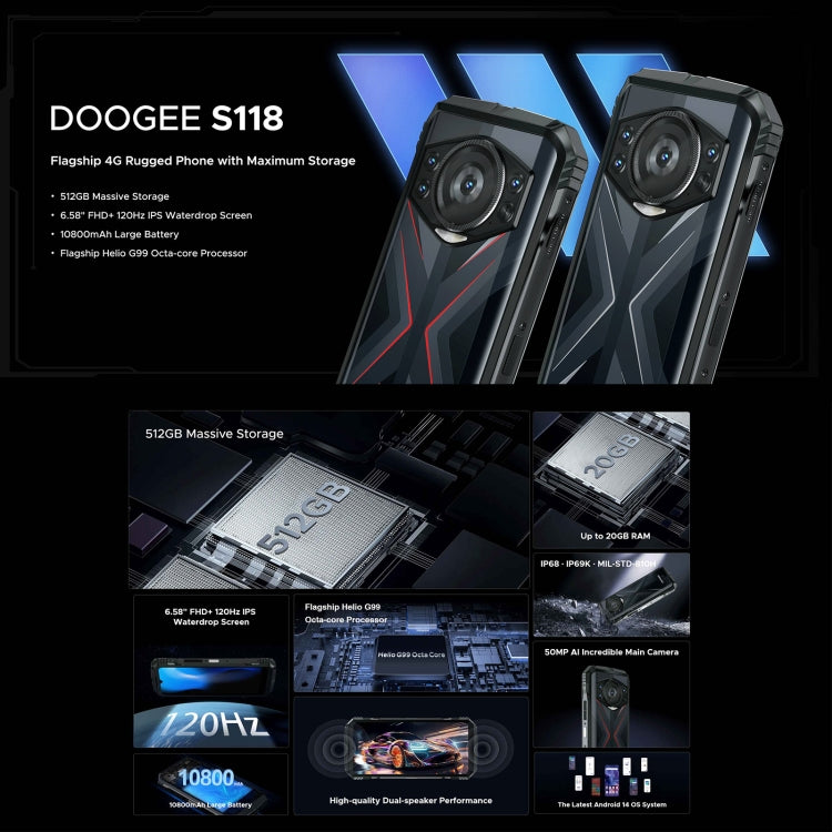 DOOGEE S118 Rugged Phone, 8GB+512GB, 6.58 inch Android 14 MediaTek Helio G99 Octa Core, Network: 4G, OTG, NFC(Black Red) - DOOGEE by DOOGEE | Online Shopping South Africa | PMC Jewellery | Buy Now Pay Later Mobicred