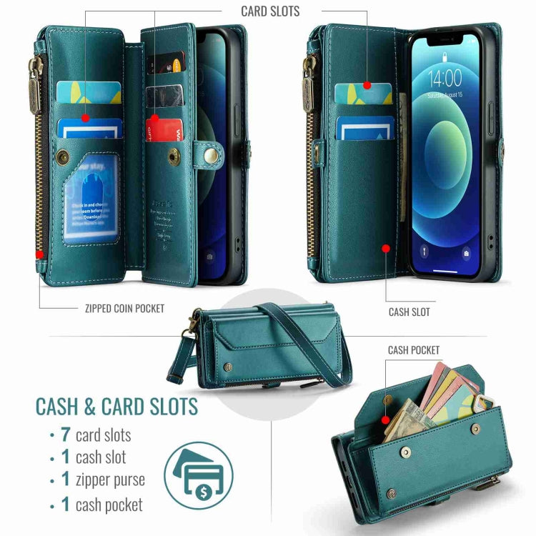 For iPhone 12 CaseMe C36 Card Slots Zipper Wallet RFID Anti-theft Leather Phone Case(Blue-green) - iPhone 12 / 12 Pro Cases by CaseMe | Online Shopping South Africa | PMC Jewellery | Buy Now Pay Later Mobicred