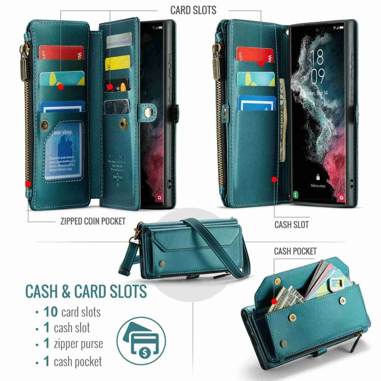 For Samsung Galaxy S22 Ultra 5G CaseMe C36 Card Slots Zipper Wallet RFID Anti-theft Leather Phone Case(Blue-green) - free shipping - PMC Jewellery - Order now!