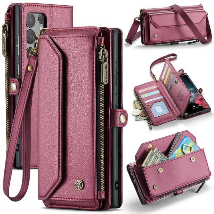 For Samsung Galaxy S22 Ultra 5G CaseMe C36 Card Slots Zipper Wallet RFID Anti-theft Leather Phone Case(Wine Red) - free shipping - PMC Jewellery - Order now!