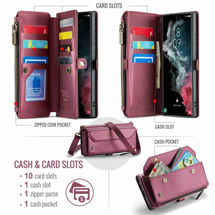 For Samsung Galaxy S22 Ultra 5G CaseMe C36 Card Slots Zipper Wallet RFID Anti-theft Leather Phone Case(Wine Red) - free shipping - PMC Jewellery - Order now!