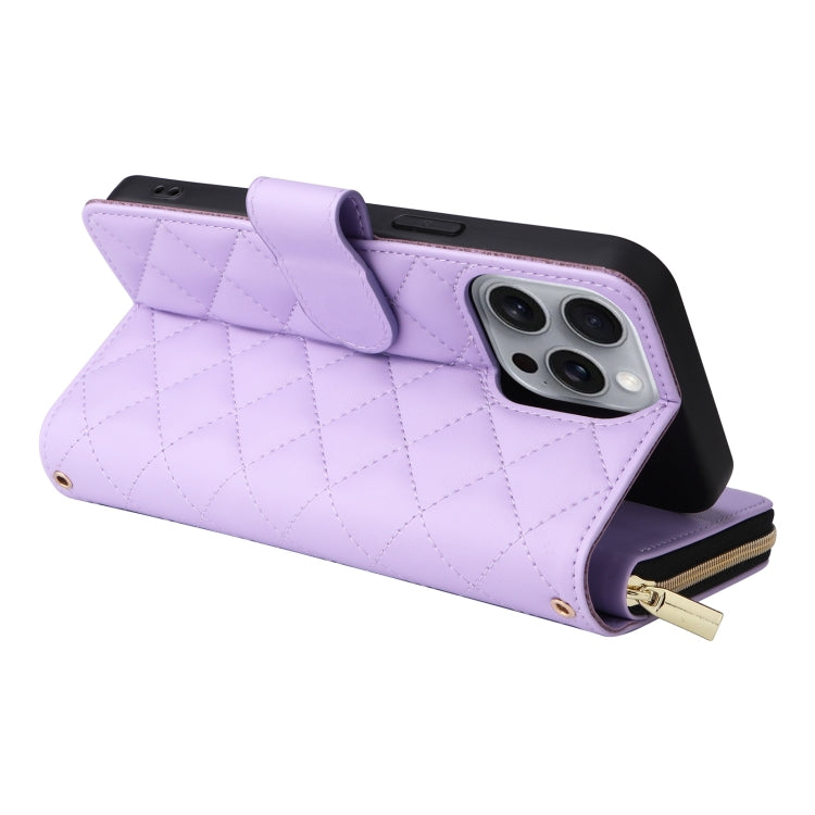 For iPhone 16 Pro Max Crossbody Rhombic Zipper Tower Buckle Leather Phone Case with Lanyard(Purple) - iPhone 16 Pro Max Cases by PMC Jewellery | Online Shopping South Africa | PMC Jewellery | Buy Now Pay Later Mobicred