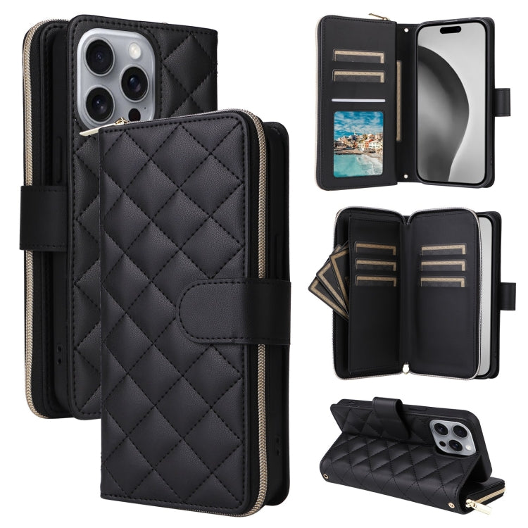 For iPhone 16 Pro Max Crossbody Rhombic Zipper Tower Buckle Leather Phone Case with Lanyard(Black) - iPhone 16 Pro Max Cases by PMC Jewellery | Online Shopping South Africa | PMC Jewellery | Buy Now Pay Later Mobicred