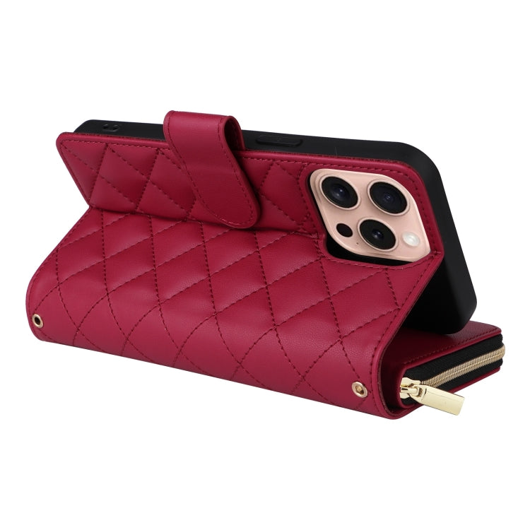 For iPhone 16 Pro Crossbody Rhombic Zipper Tower Buckle Leather Phone Case with Lanyard(Wine Red) - iPhone 16 Pro Cases by PMC Jewellery | Online Shopping South Africa | PMC Jewellery | Buy Now Pay Later Mobicred