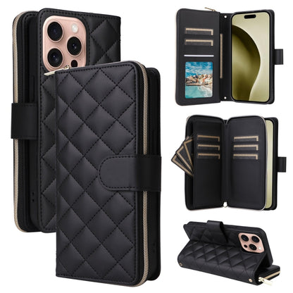 For iPhone 16 Pro Crossbody Rhombic Zipper Tower Buckle Leather Phone Case with Lanyard(Black) - iPhone 16 Pro Cases by PMC Jewellery | Online Shopping South Africa | PMC Jewellery | Buy Now Pay Later Mobicred