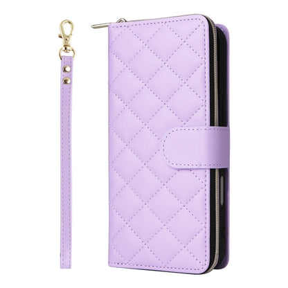 For iPhone 16 Plus Crossbody Rhombic Zipper Tower Buckle Leather Phone Case with Lanyard(Purple) - iPhone 16 Plus Cases by PMC Jewellery | Online Shopping South Africa | PMC Jewellery | Buy Now Pay Later Mobicred