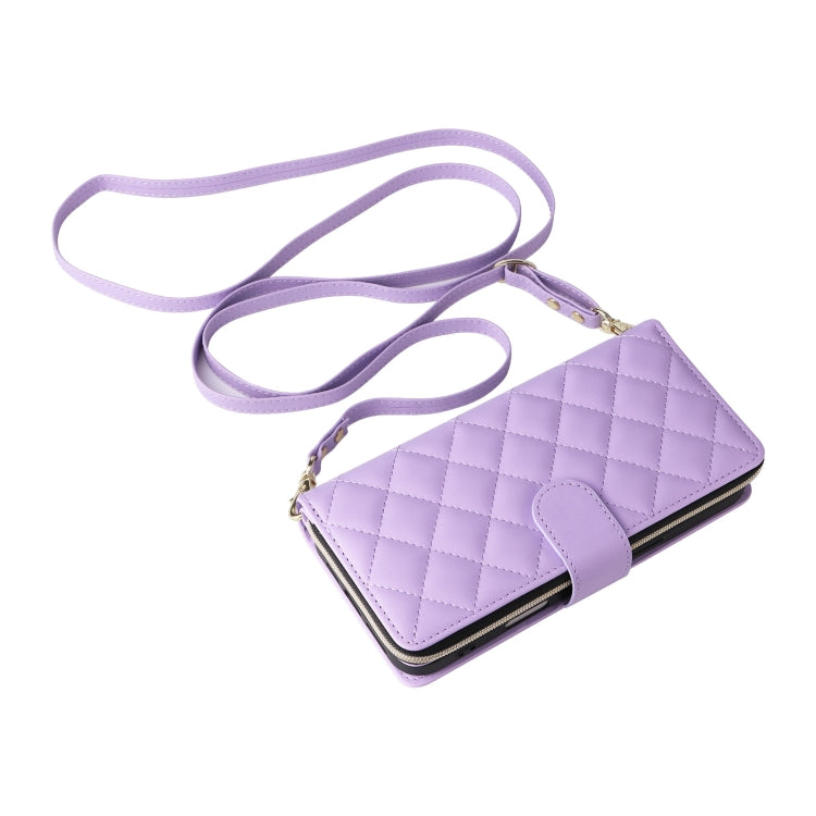 For iPhone 16 Crossbody Rhombic Zipper Tower Buckle Leather Phone Case with Lanyard(Purple) - iPhone 16 Cases by PMC Jewellery | Online Shopping South Africa | PMC Jewellery | Buy Now Pay Later Mobicred