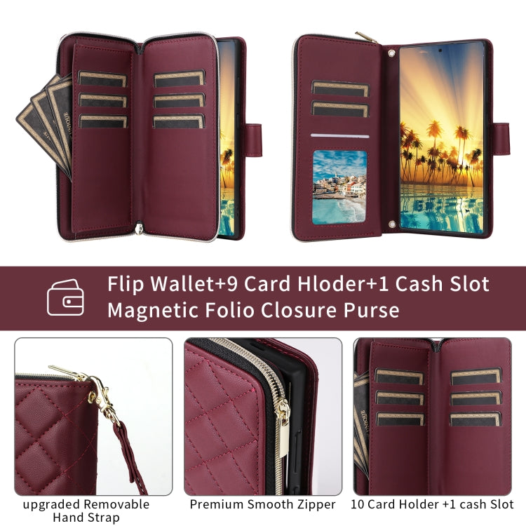 For Samsung Galaxy S24+ 5G Crossbody Rhombic Zipper Tower Buckle Leather Phone Case with Lanyard(Wine Red) - Galaxy S24+ 5G Cases by PMC Jewellery | Online Shopping South Africa | PMC Jewellery | Buy Now Pay Later Mobicred