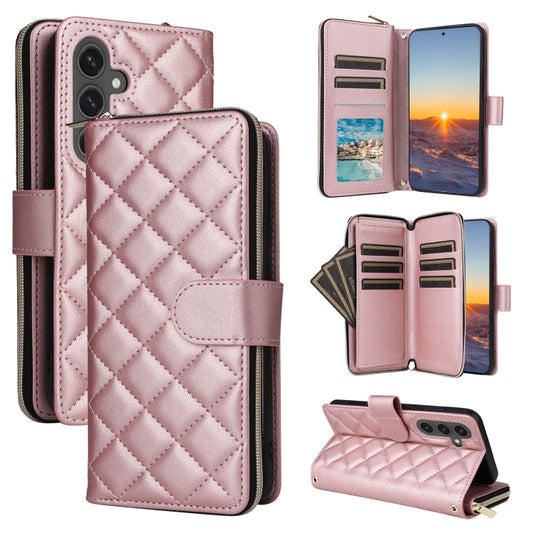 For Samsung Galaxy S24 FE 5G Crossbody Rhombic Zipper Tower Buckle Leather Phone Case with Lanyard(Rose Gold) - Galaxy S24 FE 5G Cases by PMC Jewellery | Online Shopping South Africa | PMC Jewellery | Buy Now Pay Later Mobicred