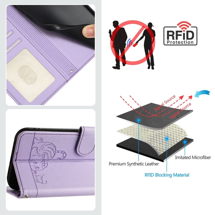 For Blackview A53 Cat Rat Embossed Pattern RFID Leather Phone Case with Lanyard(Purple) - More Brand by PMC Jewellery | Online Shopping South Africa | PMC Jewellery | Buy Now Pay Later Mobicred