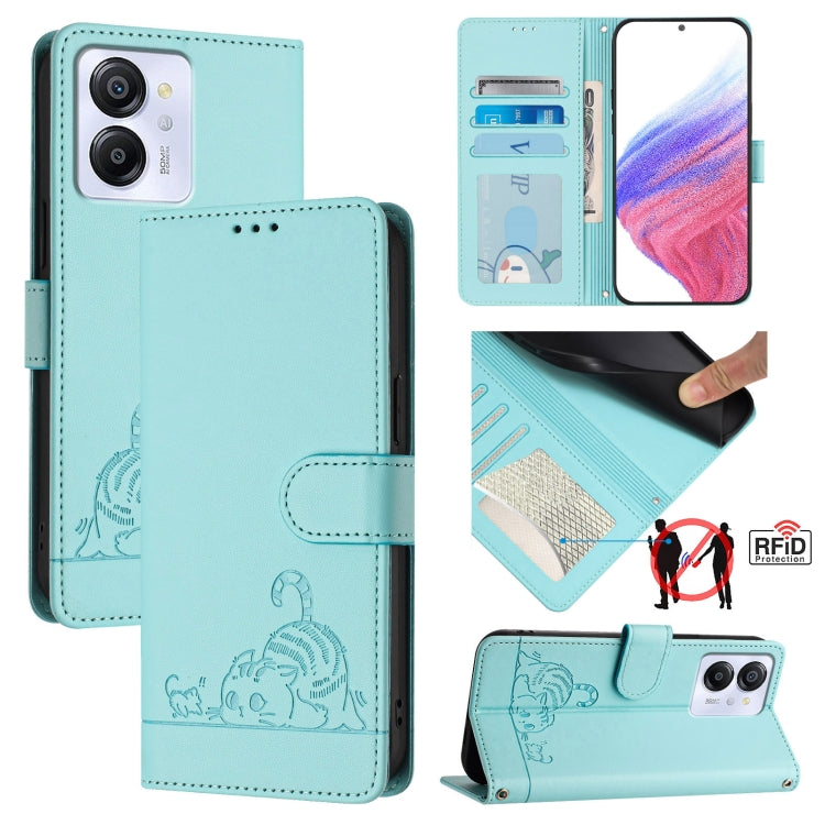 For Blackview Color 8 Cat Rat Embossed Pattern RFID Leather Phone Case with Lanyard(Mint Green) - More Brand by PMC Jewellery | Online Shopping South Africa | PMC Jewellery | Buy Now Pay Later Mobicred