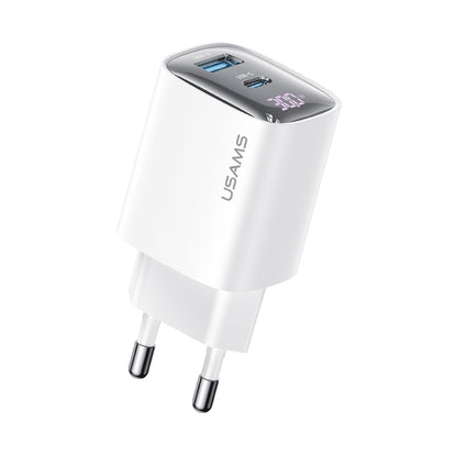 USAMS CC229 30W USB+USB-C / Type-C Dual Port GaN Digital Display Charger, Specifications: EU Plug(White) - USB Charger by USAMS | Online Shopping South Africa | PMC Jewellery | Buy Now Pay Later Mobicred