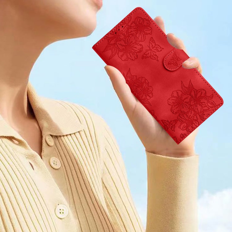 For iPhone 16 Pro Max Cherry Blossom Butterfly Skin Feel Embossed PU Phone Case(Red) - iPhone 16 Pro Max Cases by PMC TechLife | Online Shopping South Africa | PMC TechLife | Buy Now Pay Later Mobicred
