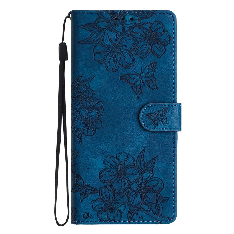 For iPhone 16e Cherry Blossom Butterfly Skin Feel Embossed PU Phone Case(Blue) - iPhone 16e Cases by PMC TechLife | Online Shopping South Africa | PMC TechLife | Buy Now Pay Later Mobicred