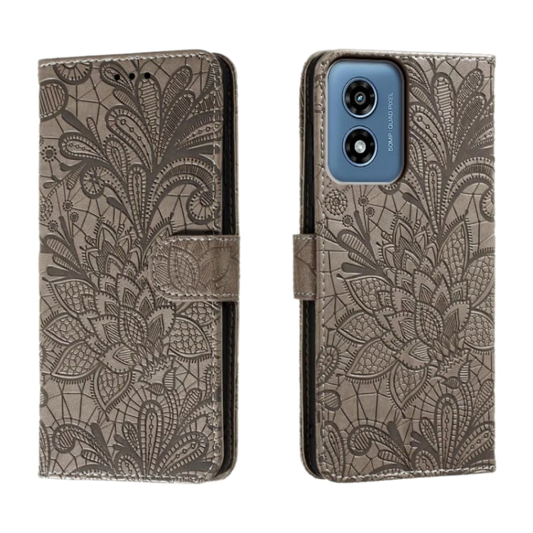 For Motorola Moto G Play 2024 Lace Flower Embossing Flip Leather Phone Case(Grey) - Motorola Cases by PMC Jewellery | Online Shopping South Africa | PMC Jewellery | Buy Now Pay Later Mobicred