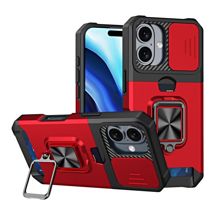 For iPhone 16 Camera Shield Card Slot PC+TPU Phone Case(Red) - iPhone 16 Cases by PMC Jewellery | Online Shopping South Africa | PMC Jewellery | Buy Now Pay Later Mobicred