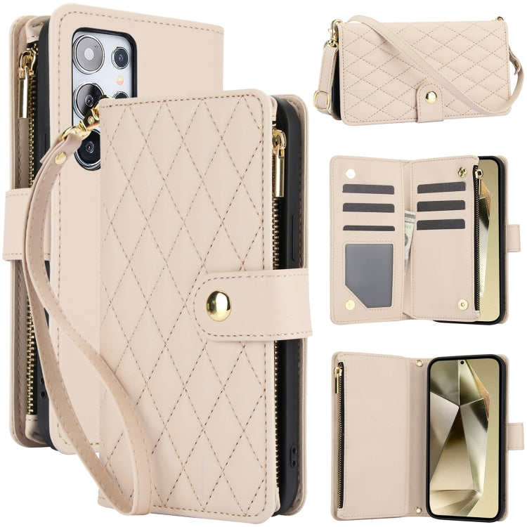 For Samsung Galaxy S24 Ultra 5G YM016 Rhombic Zipper Card Wallet Leather Phone Case with Lanyard(Apricot) - Galaxy S24 Ultra 5G Cases by PMC Jewellery | Online Shopping South Africa | PMC Jewellery | Buy Now Pay Later Mobicred