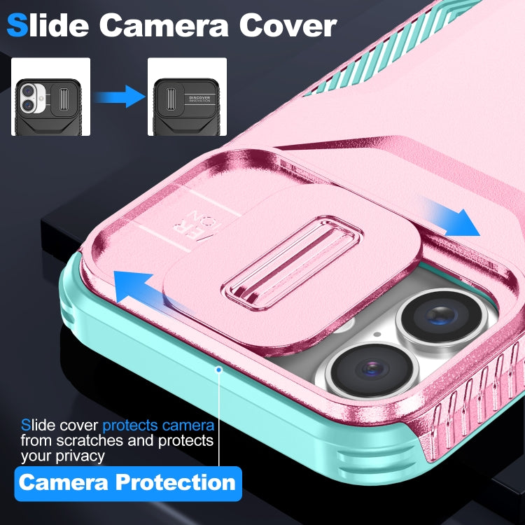 For iPhone 16 Plus Sliding Camshield Phone Case(Pink + Grey Green) - iPhone 16 Plus Cases by PMC Jewellery | Online Shopping South Africa | PMC Jewellery | Buy Now Pay Later Mobicred