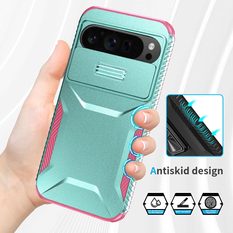 For Google Pixel 9 Pro XL Sliding Camshield Phone Case(Grey Green + Pink) - Google Cases by PMC Jewellery | Online Shopping South Africa | PMC Jewellery | Buy Now Pay Later Mobicred