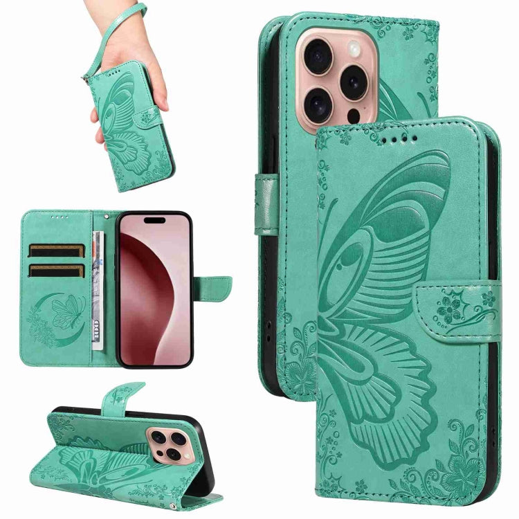 For iPhone 16 Pro Swallowtail Butterfly Embossed Leather Phone Case(Green) - iPhone 16 Pro Cases by PMC Jewellery | Online Shopping South Africa | PMC Jewellery | Buy Now Pay Later Mobicred