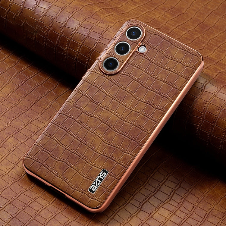 For Samsung Galaxy S25 5G AZNS Electroplated Frame Crocodile Texture Full Coverage Phone Case(Brown) - free shipping - PMC Jewellery - Order now!