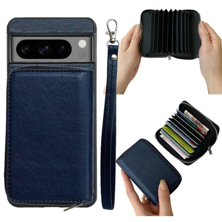 For Google Pixel 8 Pro Solid Color Zipper 11-Card Slots Bag Phone Case with Lanyard(Blue) - Google Cases by PMC TechLife | Online Shopping South Africa | PMC TechLife | Buy Now Pay Later Mobicred