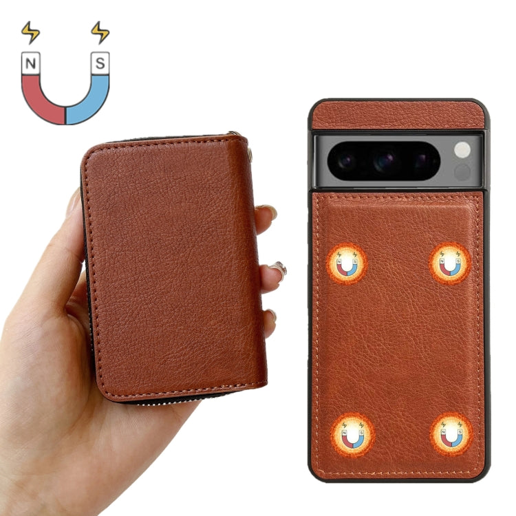 For Google Pixel 7 Solid Color Zipper 11-Card Slots Bag Phone Case with Lanyard(Brown) - Google Cases by PMC TechLife | Online Shopping South Africa | PMC TechLife | Buy Now Pay Later Mobicred