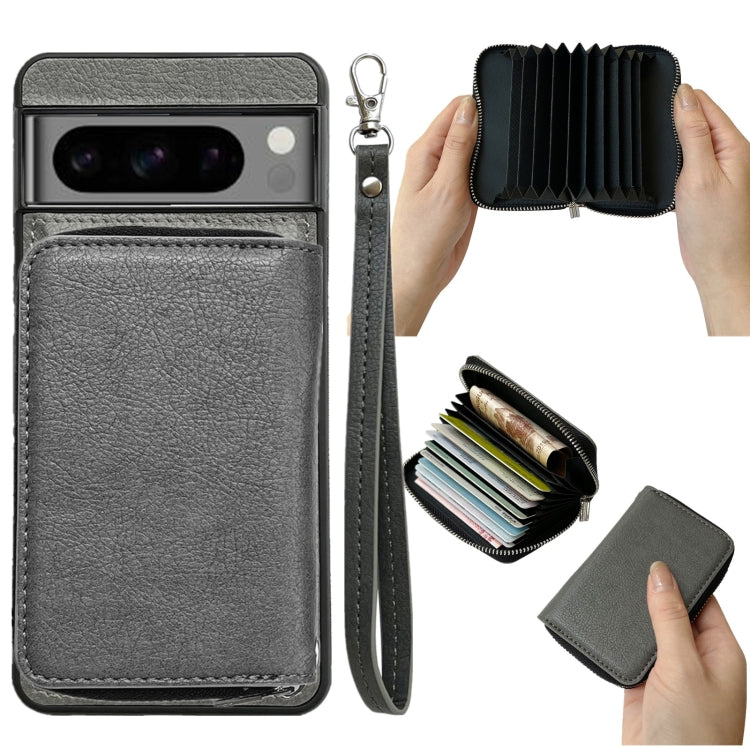 For Google Pixel 6 Pro Solid Color Zipper 11-Card Slots Bag Phone Case with Lanyard(Grey) - Google Cases by PMC TechLife | Online Shopping South Africa | PMC TechLife | Buy Now Pay Later Mobicred