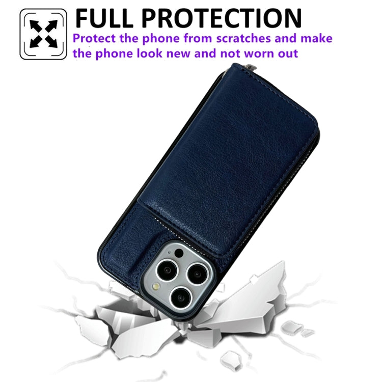 For iPhone 16 Pro Max Solid Color Zipper 11-Card Slots Bag Phone Case with Lanyard(Blue) - iPhone 16 Pro Max Cases by PMC Jewellery | Online Shopping South Africa | PMC Jewellery | Buy Now Pay Later Mobicred