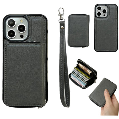 For iPhone 16 Pro Max Solid Color Zipper 11-Card Slots Bag Phone Case with Lanyard(Grey) - iPhone 16 Pro Max Cases by PMC Jewellery | Online Shopping South Africa | PMC Jewellery | Buy Now Pay Later Mobicred