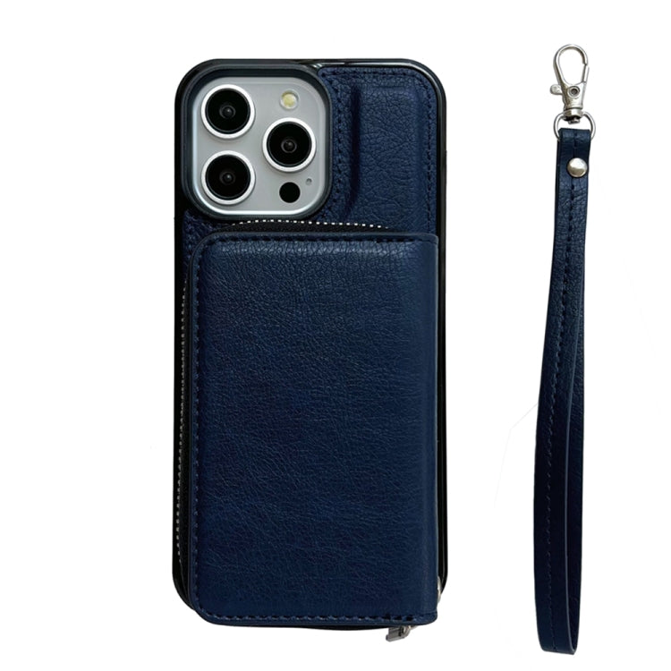 For iPhone 16 Pro Solid Color Zipper 11-Card Slots Bag Phone Case with Lanyard(Blue) - iPhone 16 Pro Cases by PMC Jewellery | Online Shopping South Africa | PMC Jewellery | Buy Now Pay Later Mobicred