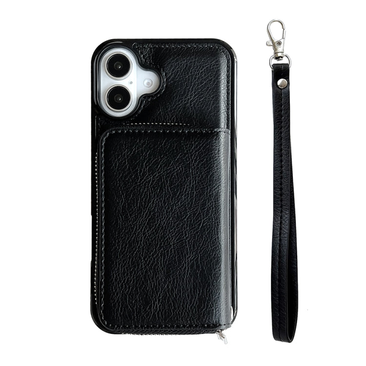 For iPhone 16 Plus Solid Color Zipper 11-Card Slots Bag Phone Case with Lanyard(Black) - iPhone 16 Plus Cases by PMC Jewellery | Online Shopping South Africa | PMC Jewellery | Buy Now Pay Later Mobicred