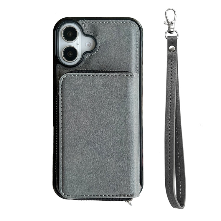 For iPhone 16 Plus Solid Color Zipper 11-Card Slots Bag Phone Case with Lanyard(Grey) - free shipping - PMC Jewellery - Order now!