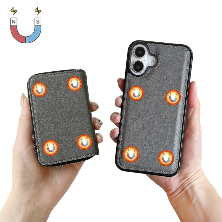 For iPhone 16 Plus Solid Color Zipper 11-Card Slots Bag Phone Case with Lanyard(Grey) - free shipping - PMC Jewellery - Order now!
