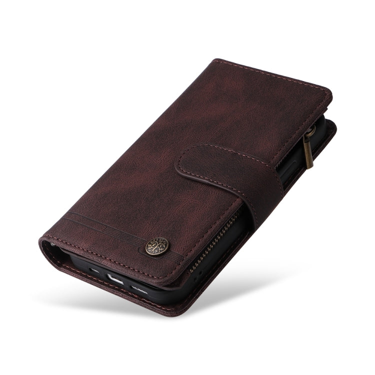For iPhone 16 Skin Feel Multi-Card Wallet Zipper Leather Phone Case(Brown) - iPhone 16 Cases by PMC TechLife | Online Shopping South Africa | PMC TechLife | Buy Now Pay Later Mobicred
