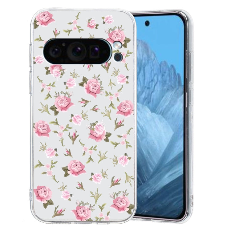 For Google Pixel 9 Colored Drawing Pattern Transparent TPU Phone Case(Pink Floral) - Google Cases by PMC Jewellery | Online Shopping South Africa | PMC Jewellery | Buy Now Pay Later Mobicred